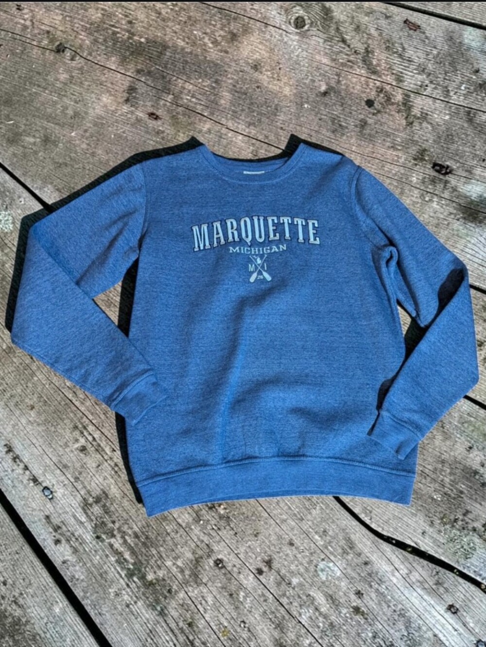 Marquette Michigan blue Crewneck Fleece Sweatshirt Casual Normcore NWOT Sz S - Picture 1 of 7